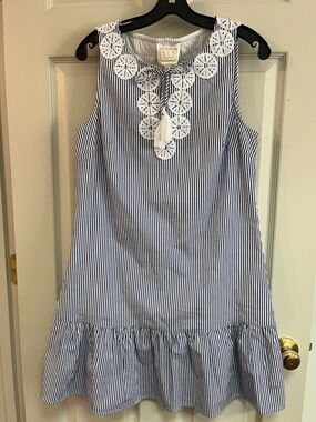 Sail to Sable chambray blue & white striped dress. Crochet trim. NWT. Size small